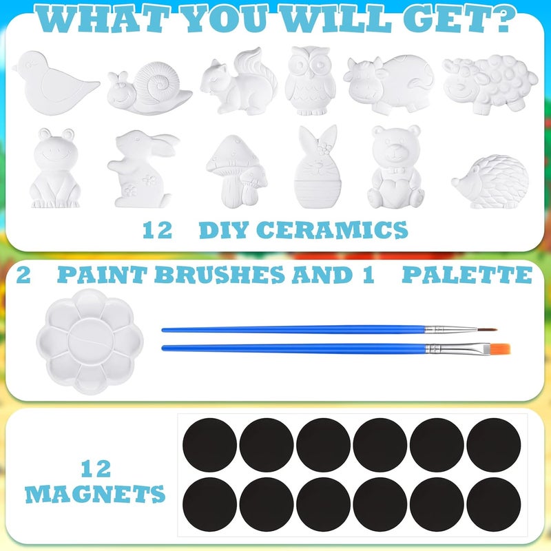 Sinmoe 12 Sets Arts and Crafts Set Painting Kit Unpainted DIY Ceramic Figurines Paint Your Own Figurines with 12 Magnet 2 Brushes and 1 Palette Ceramic Painting Kit for Adults (Animal) - Image 2